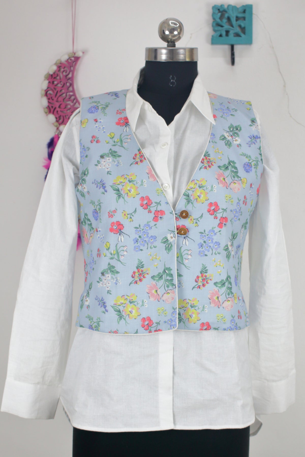 SkyBlue Printed Cotton Noorie Jacket