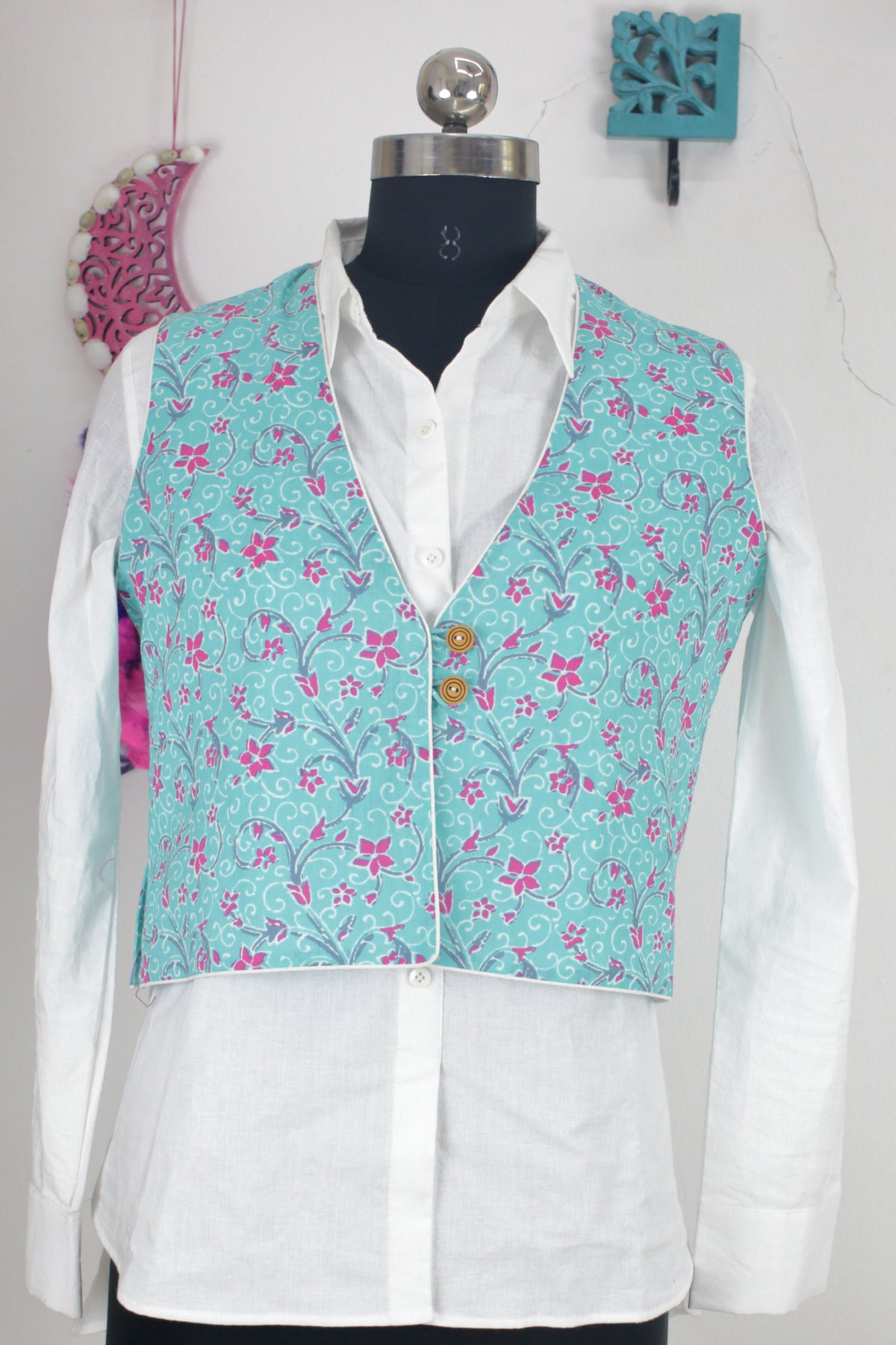 Turquoise Printed Cotton Noorie Jacket