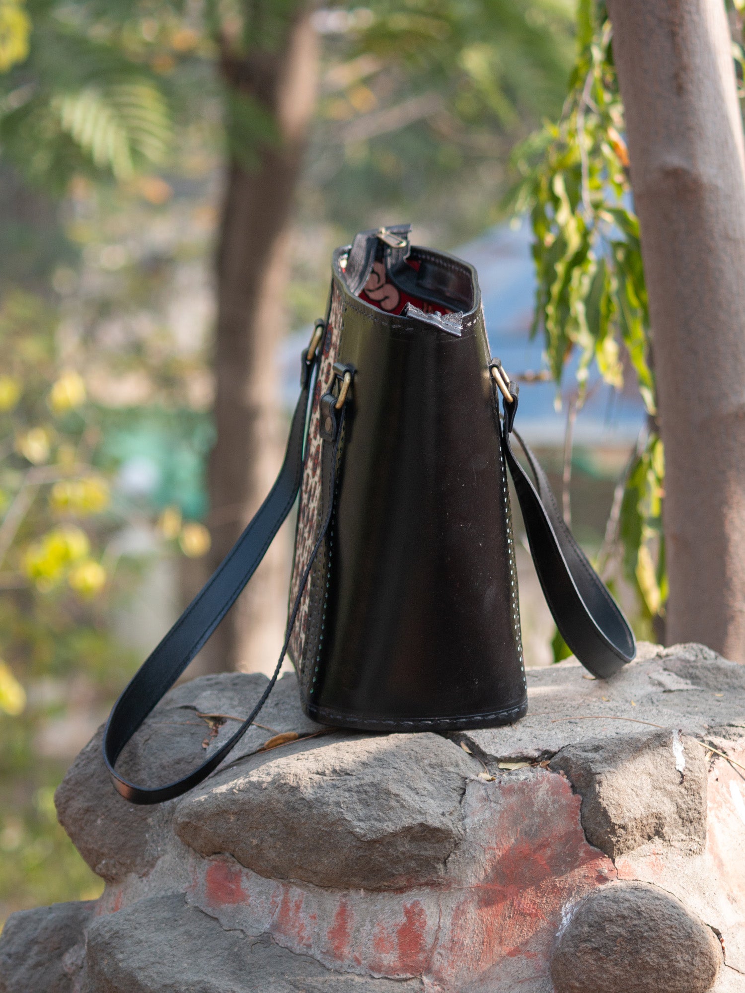 Black Pure Leather Ajrakh Shoulder Bag