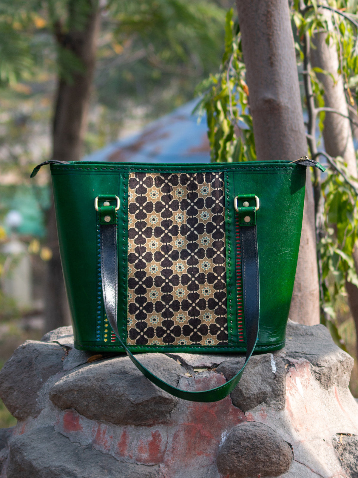 Green Pure Leather Ajrakh Shoulder Bag