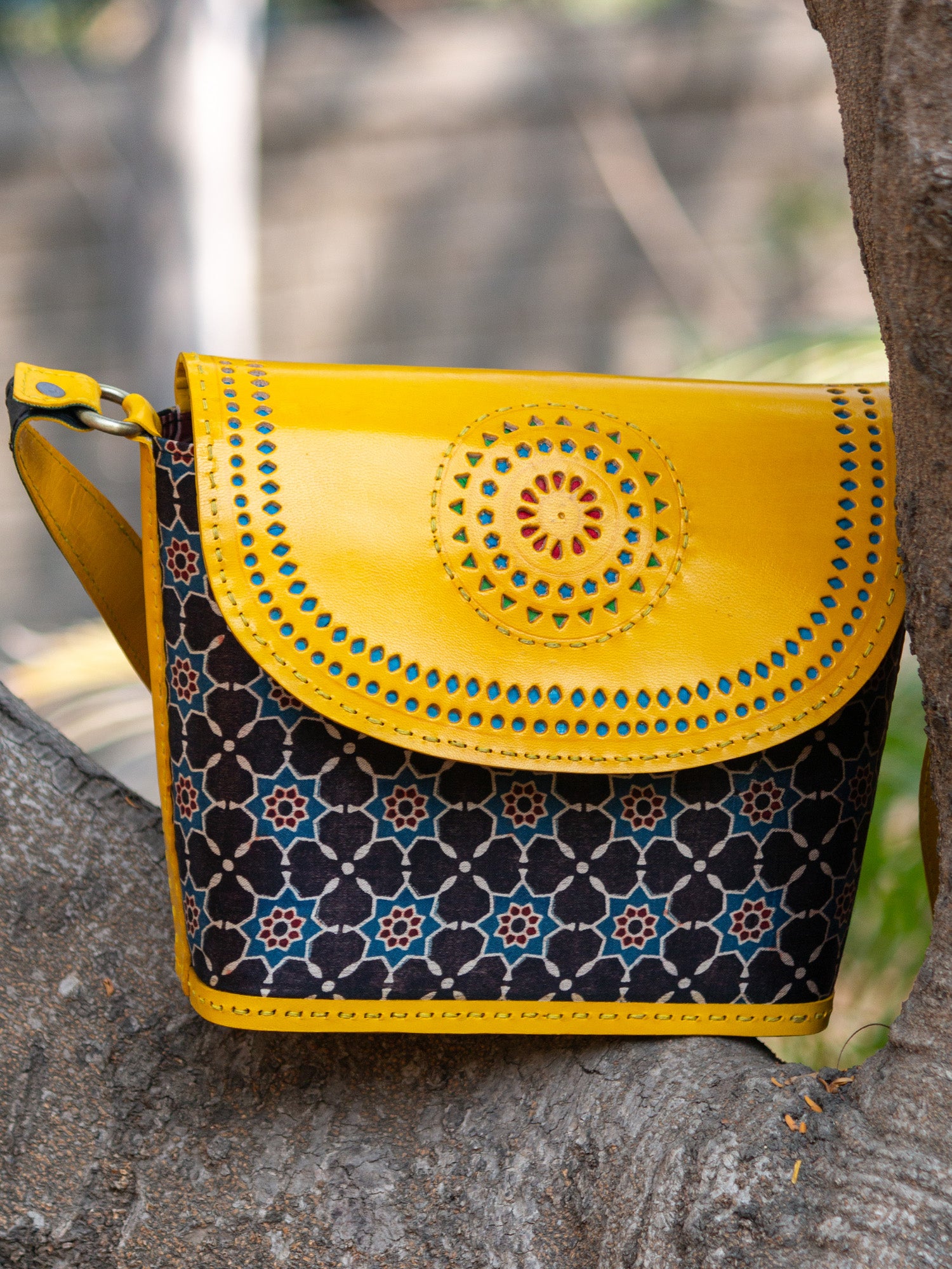 Yellow Pure Leather Mashru Silk Flap Sling Bag