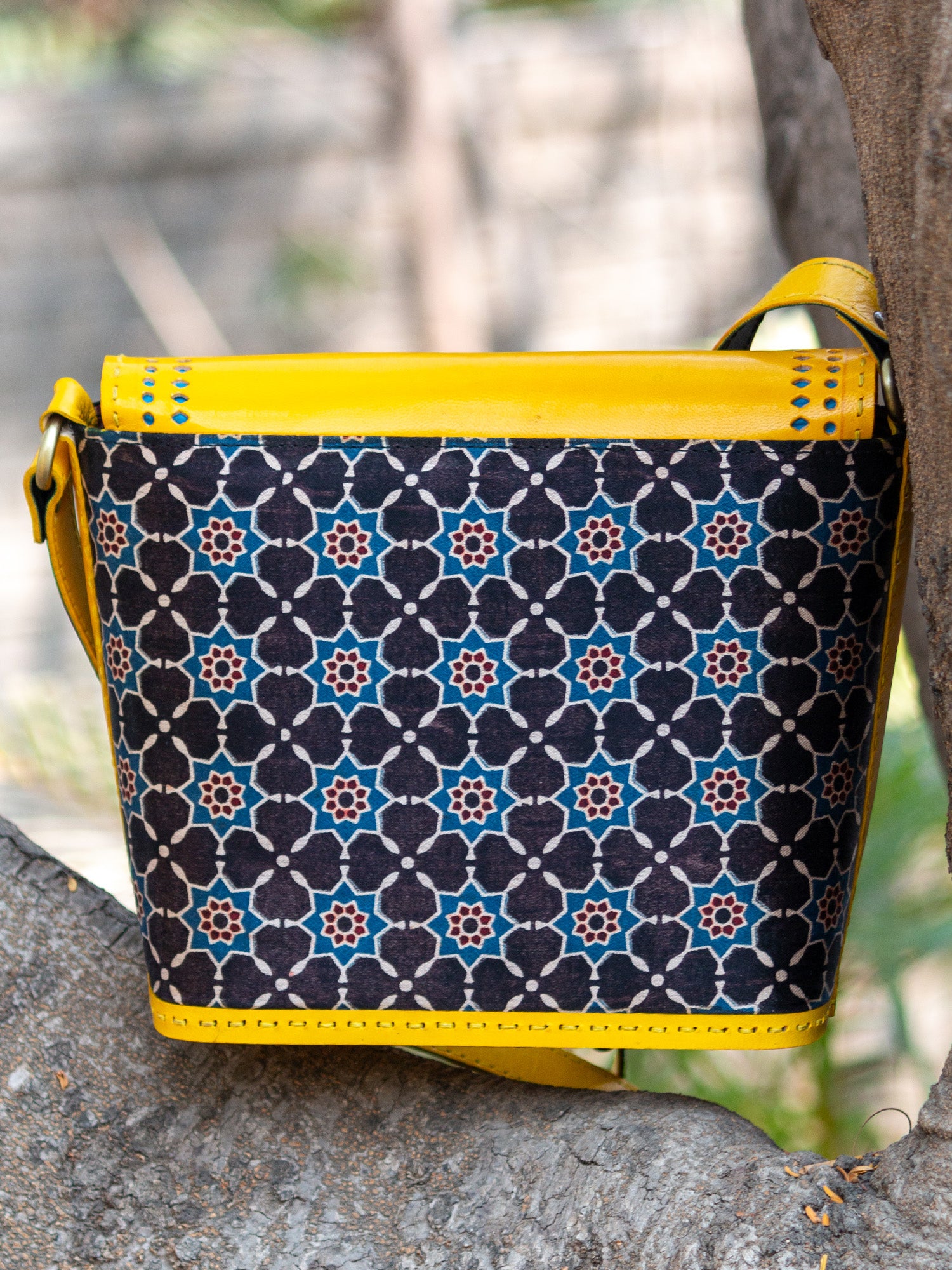 Yellow Pure Leather Mashru Silk Flap Sling Bag