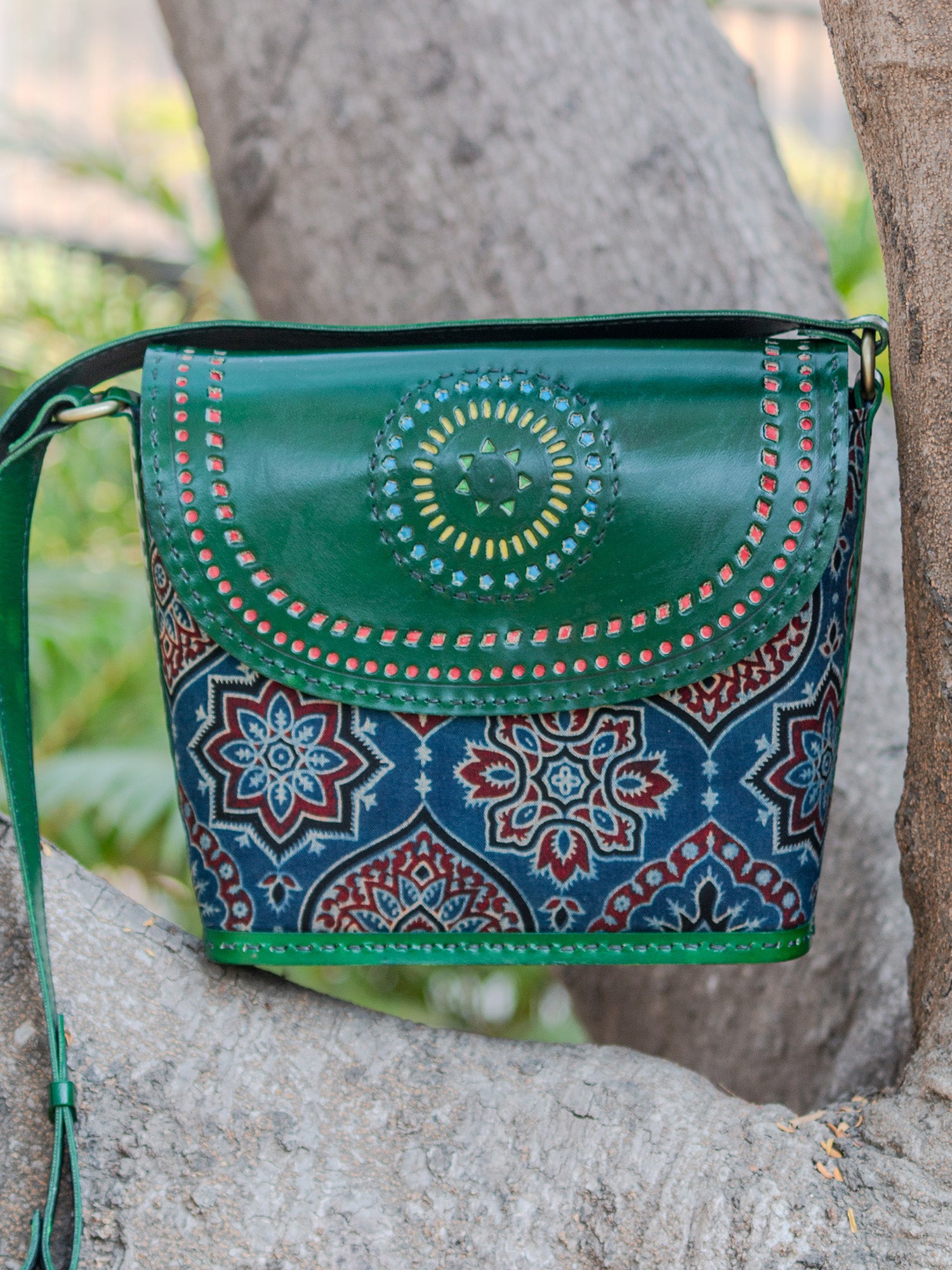 Green Pure Leather Mashru Silk Flap Sling Bag