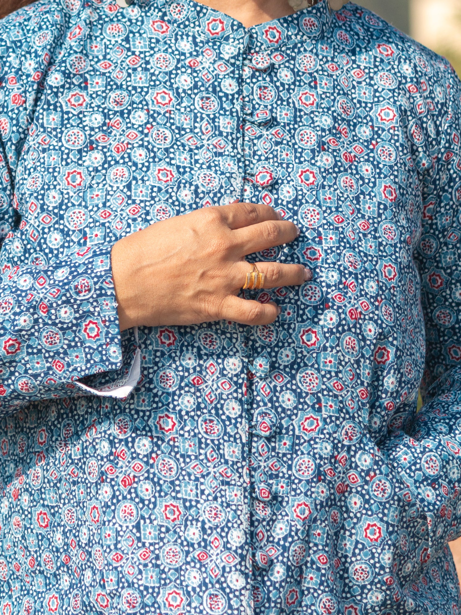Blue Printed Cotton Nuh Jacket