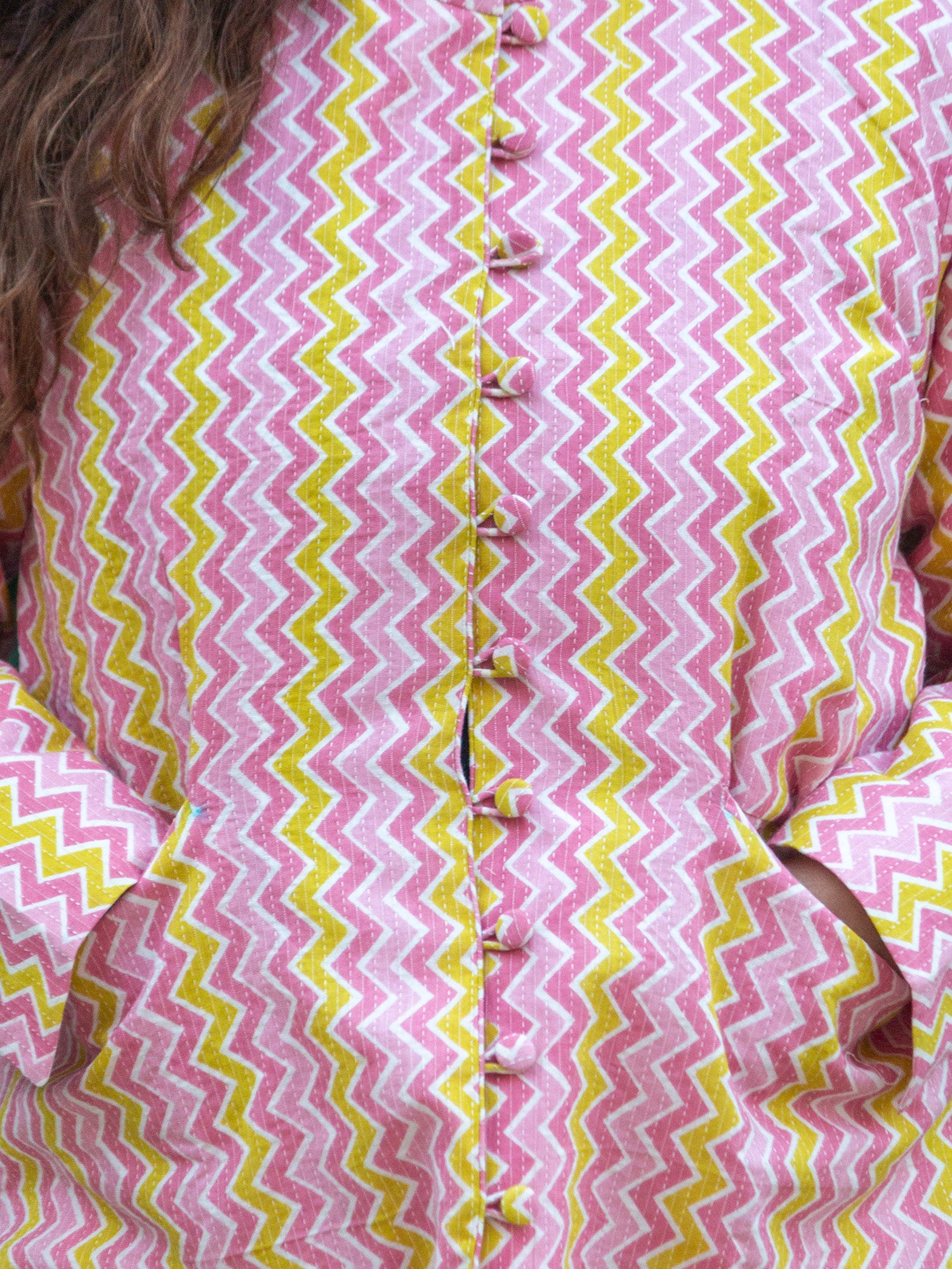 Pink Chevron Printed Cotton Nuh Jacket