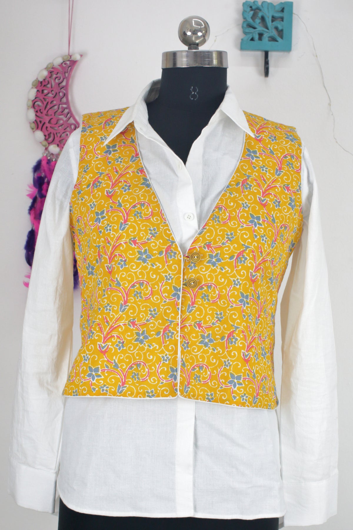 Yellow Printed Cotton Noorie Jacket