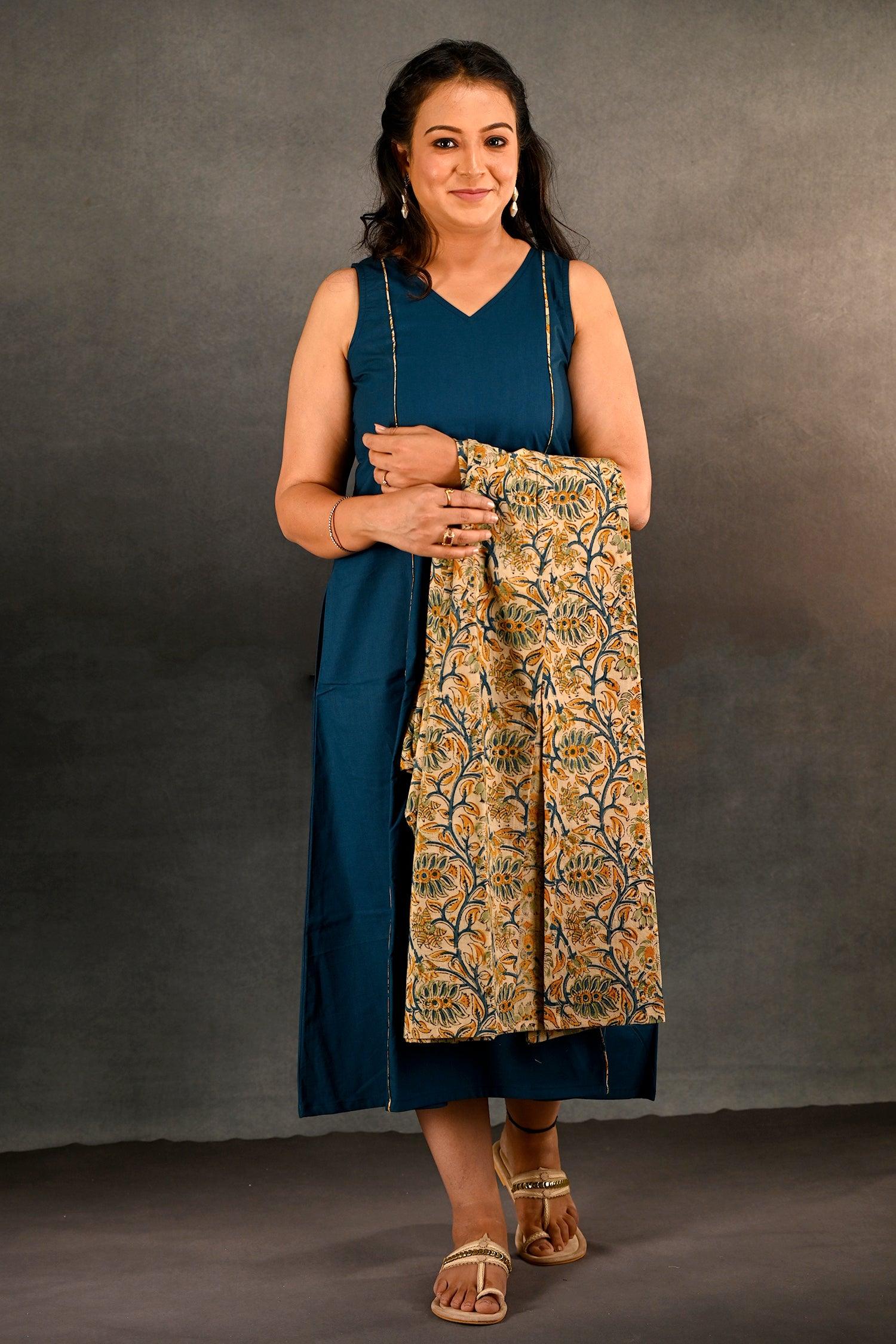 Aline Dress with Kalamkari Long line Shrug. Dress Aline Dress with Kalamkari Long line Shrug. Dress Aline Dress with Kalamkari Long line Shrug. Dress 