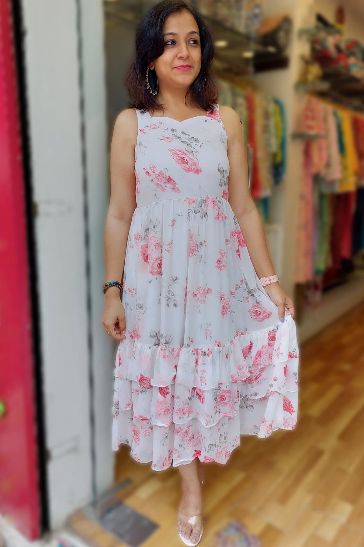 Aline Dress with Kalamkari Long line Shrug. Dress Aline Dress with Kalamkari Long line Shrug. Dress Floral Georgette Ruffled Mid Length Dress Dress 