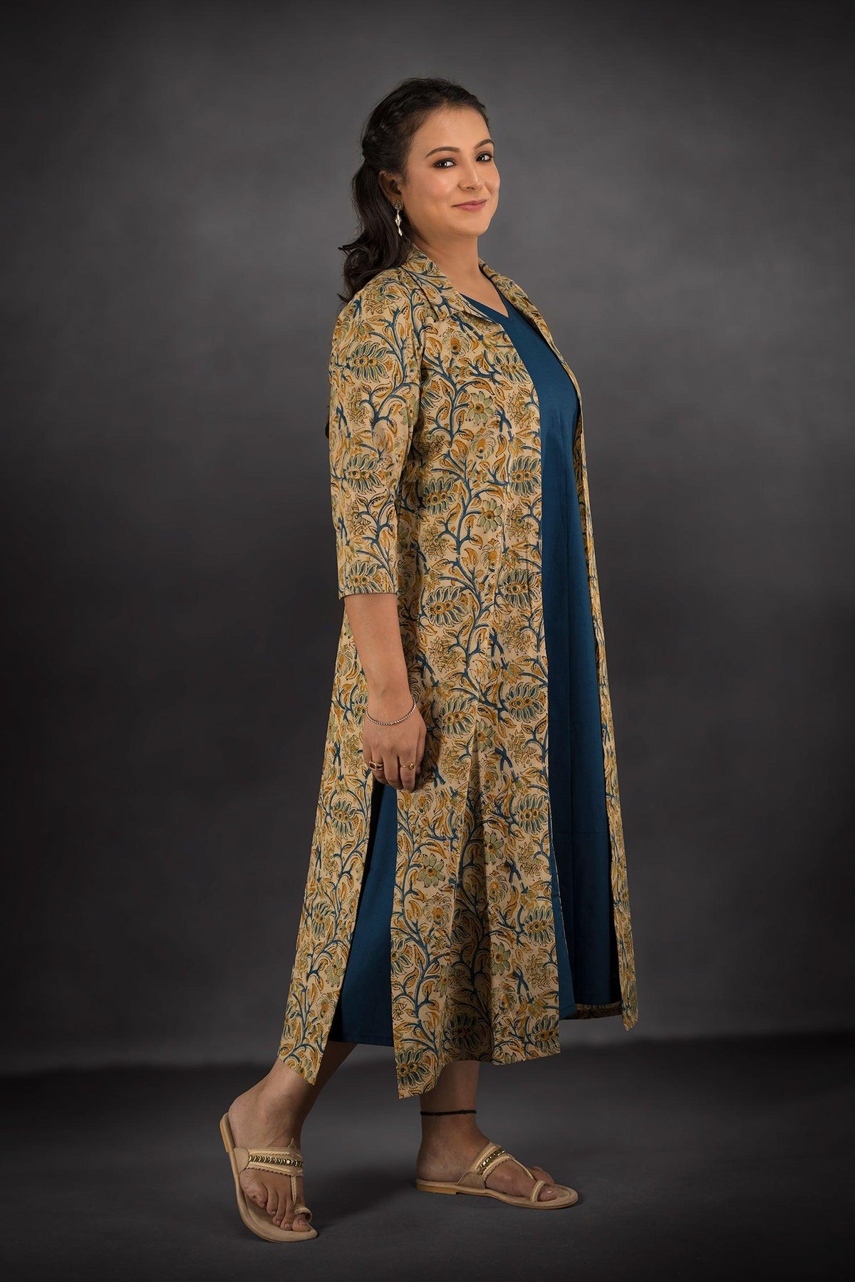 Aline Dress with Kalamkari Long line Shrug. Dress Aline Dress with Kalamkari Long line Shrug. Dress 