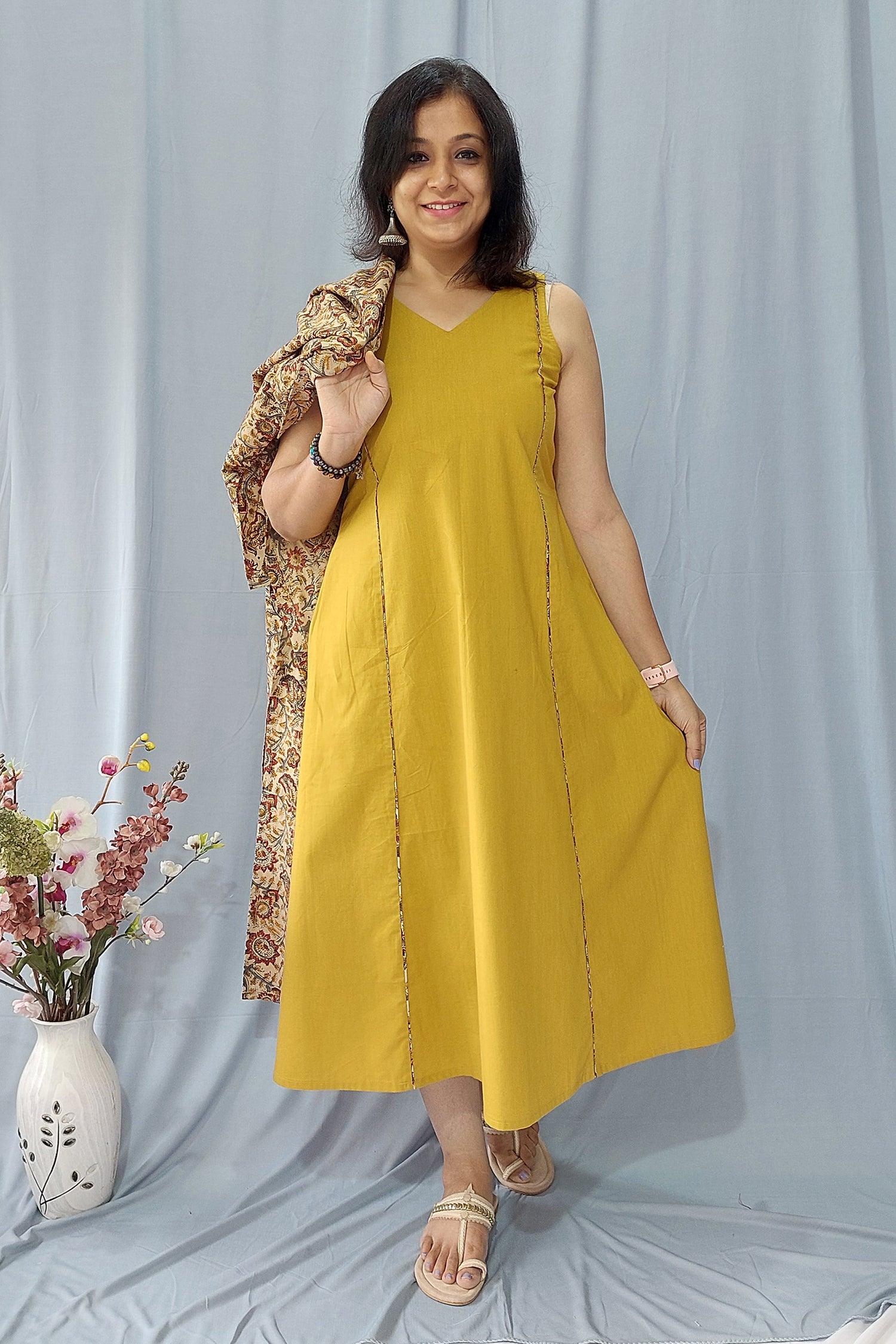 Aline Dress with Kalamkari Long line Shrug. Dress 