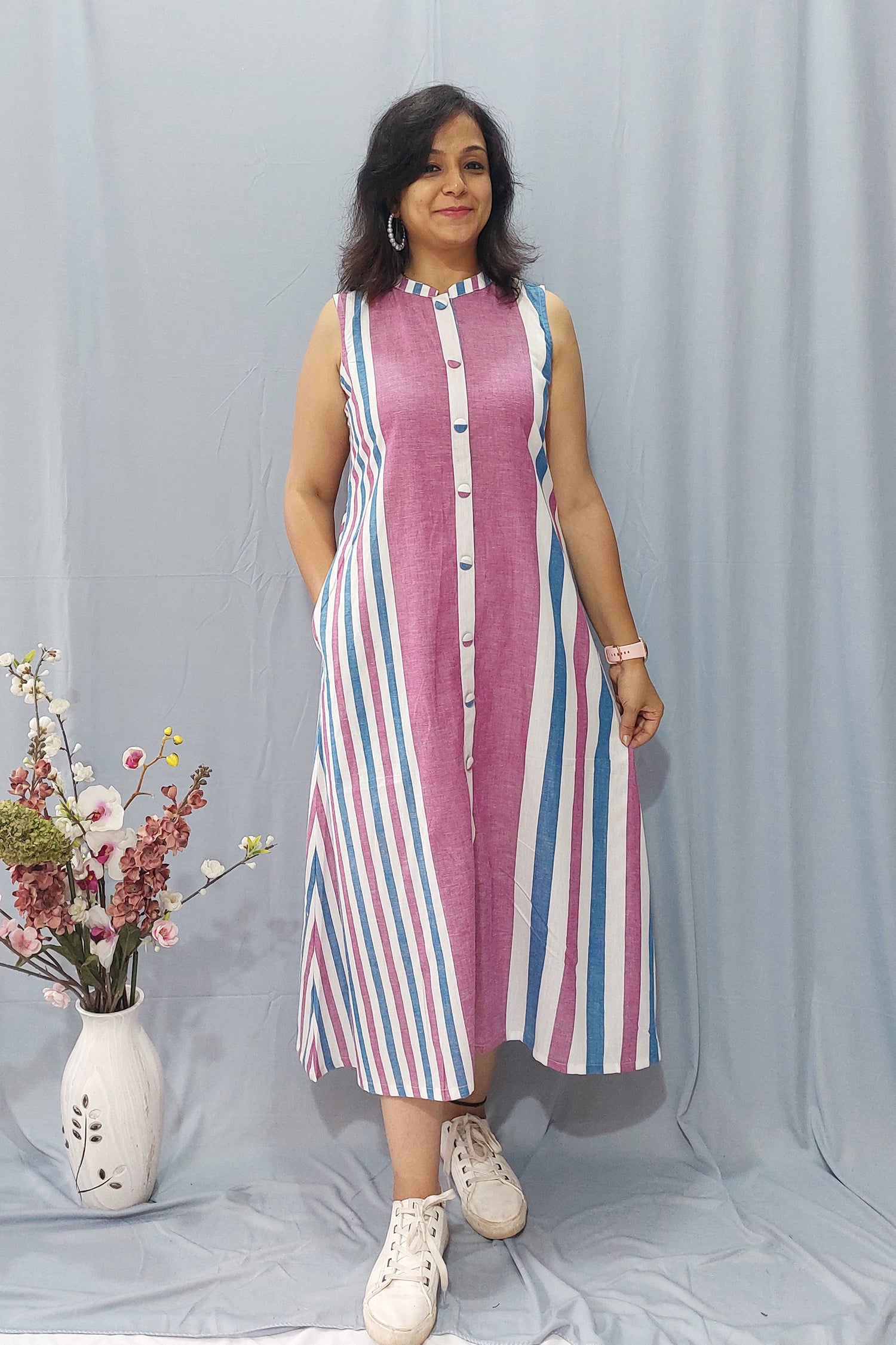 Cotton Semi Natural Block Print Kurta kurti Cotton Button Down Striped Dress. Dress 