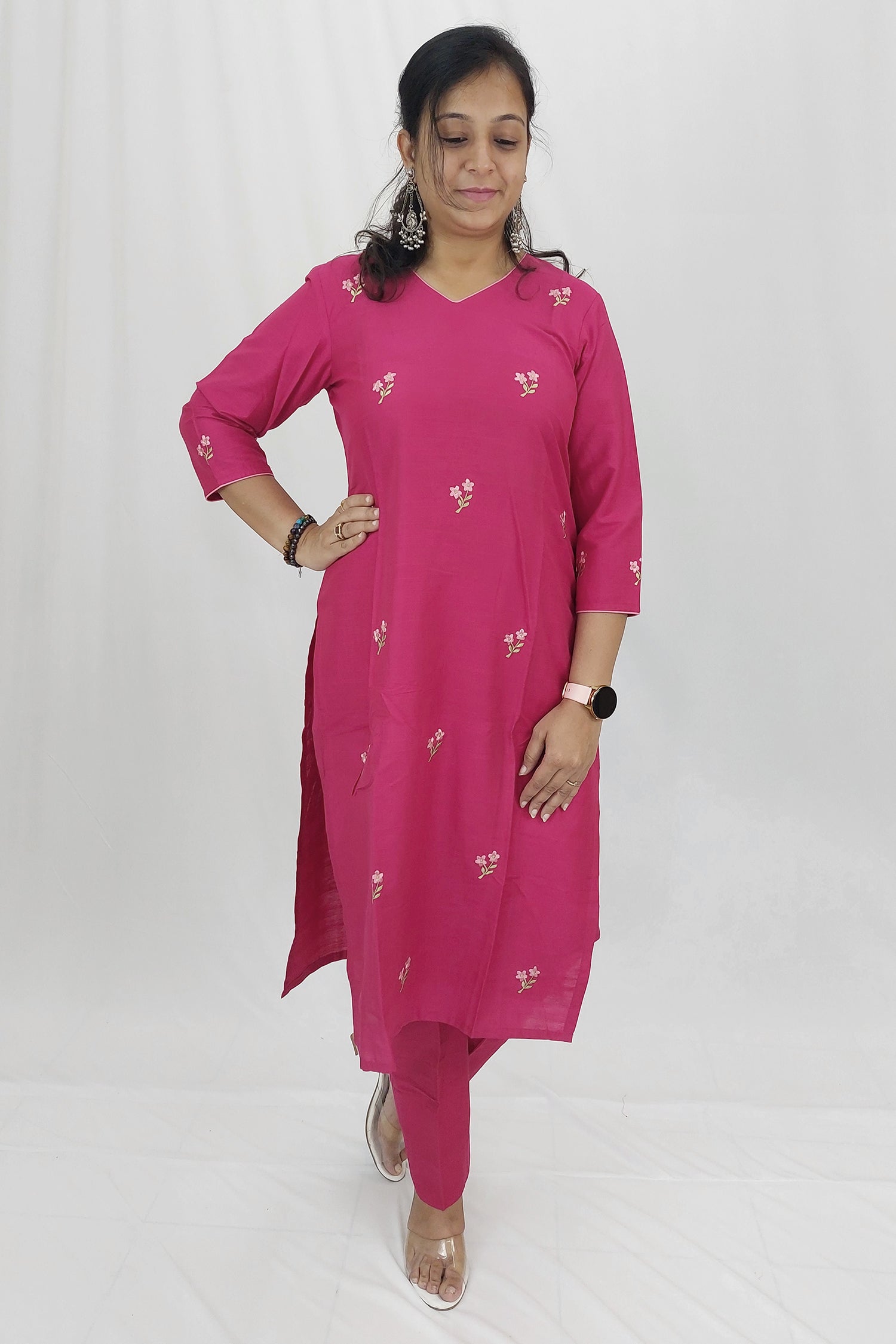 Pink Slub Cotton Embroidered Kurta Set 3 pc kurta set 